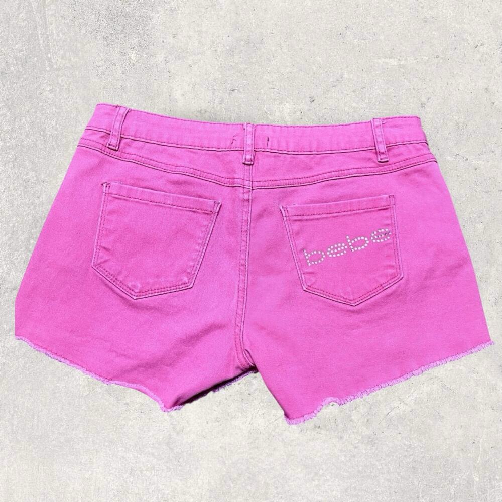 Bebe Hot Pink Denim Cutoff Shortie Shorts Rhinestone Logo Y2K Low Rise Frayed 27
